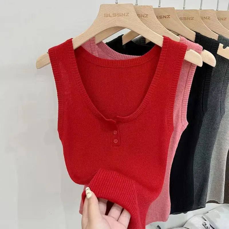 Women's Ribbed Knit Tank Top U-neck Button Detail Sleeveless Casual Summer Top Versatile Inner Layer