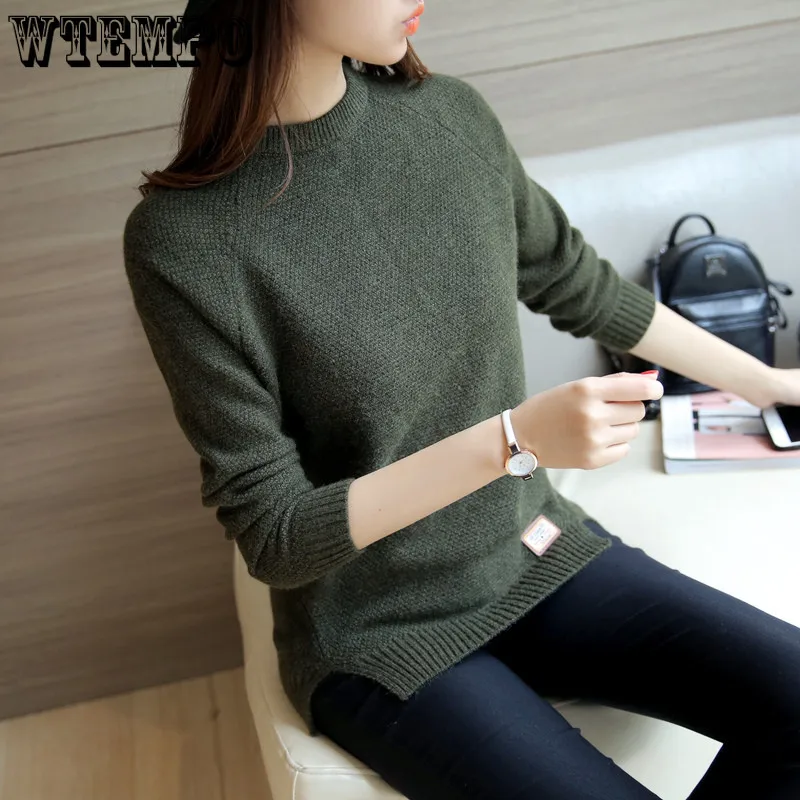 WTEMPO Women Sweaters And Pullovers Autumn Winter Long Sleeve Pullover Solid Pullover Female Casual Short Knitted Sweater