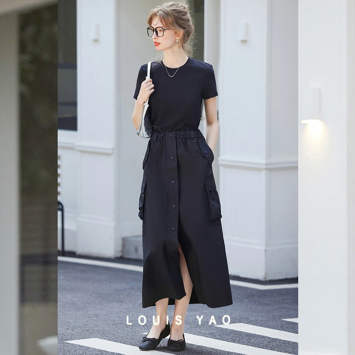 

Split Hem Design Women's Dresses Work Style Round Neck Short Sleeve False Two Piece Long Dress Female Clothing 2025 Summer