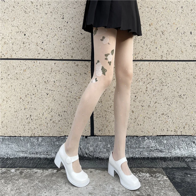 Woman Pantyhose Sexy 1Pair Summer Flowers Retro Elegant Vintage French Black White Socks Dots Lady Lace Stockings