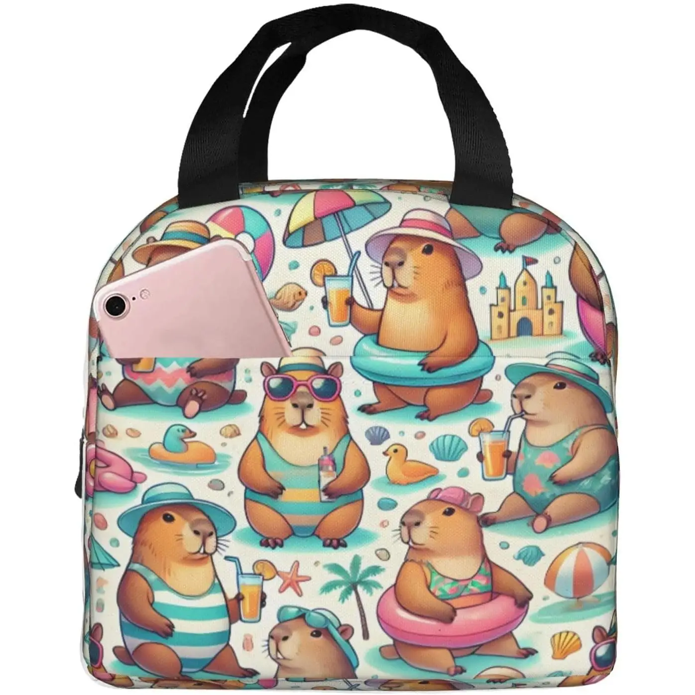 

Lunch Bag Capybara Print Fashion Cute Large Capacity With Handle，Reusable Insulated Lunch Bag for Both Men And Women 1