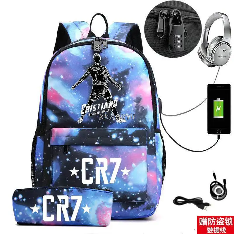 2pcs CR7 Backpack For Women Men 18 inch USB Charge Travel Notebook Laptop School Bags Black Capacity School Mochilas For Teens