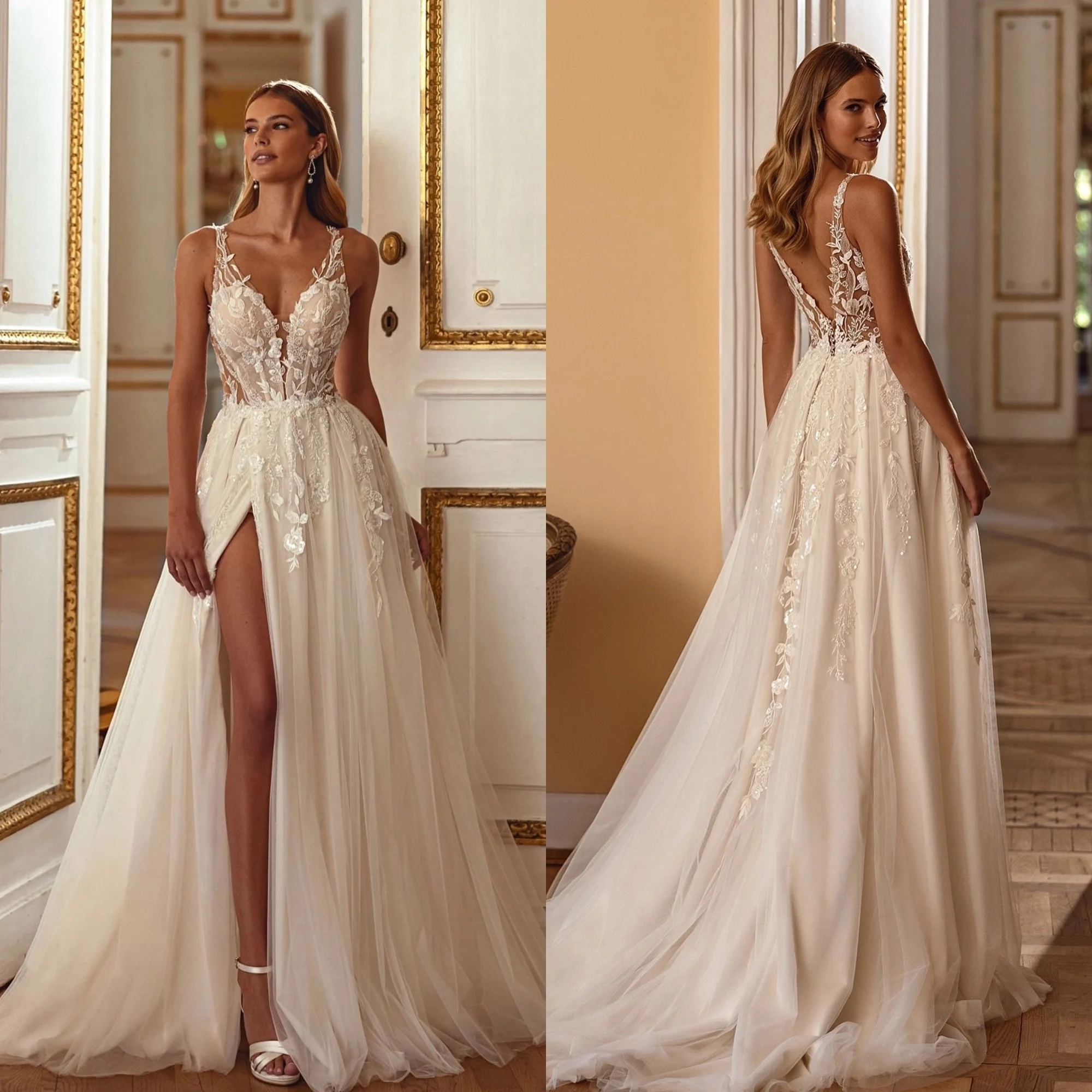 

Boho Sequins Lace V Neck Wedding Dress For Bride Backless Tulle Sweep Train Robe De Mariee