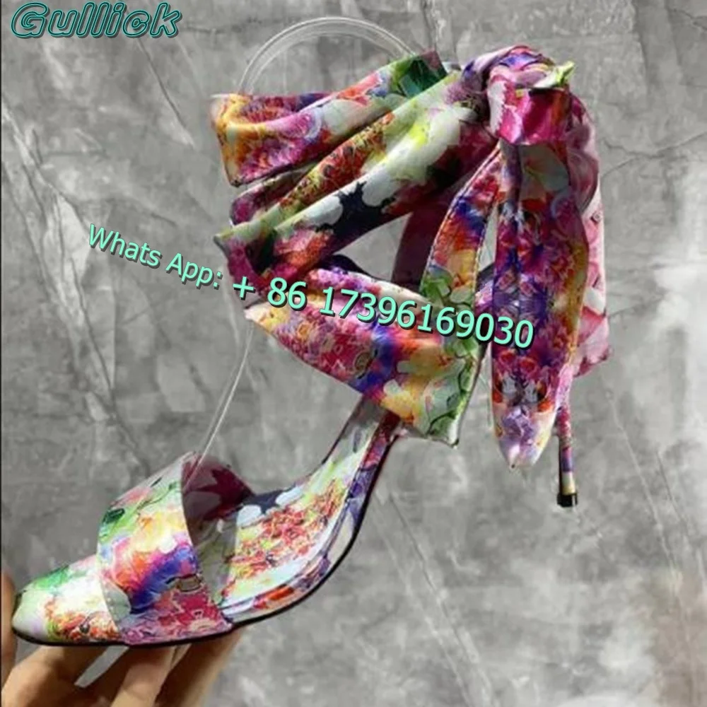 

Gullick Floral Satin Sandals Open Toe Chic High Heels Lace Up One Strap Cover Heel Stiletto Fashion Summer 2024 Elegant Shoes