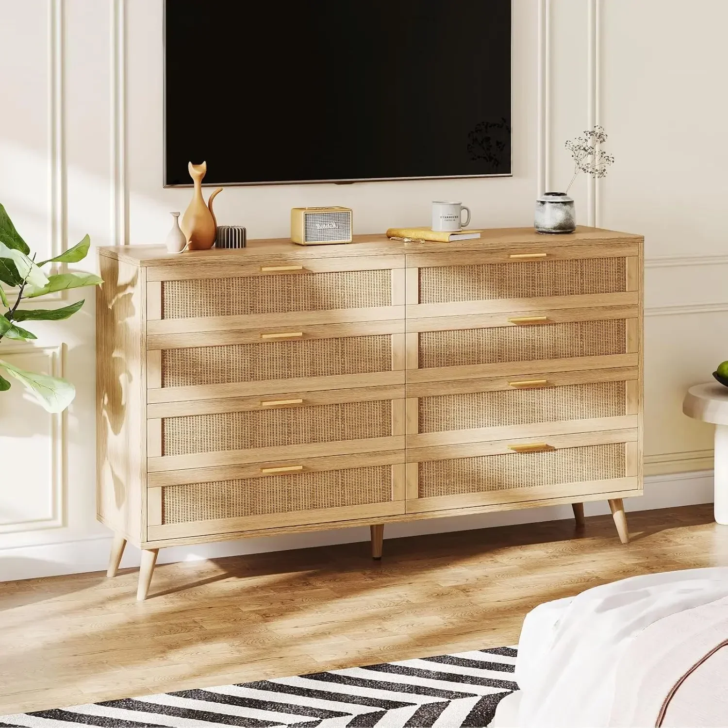 Modern Wooden Dresser Chest with Golden Handles, Beside Table for Closet, Living Room and Entryway, Natural RDG003M