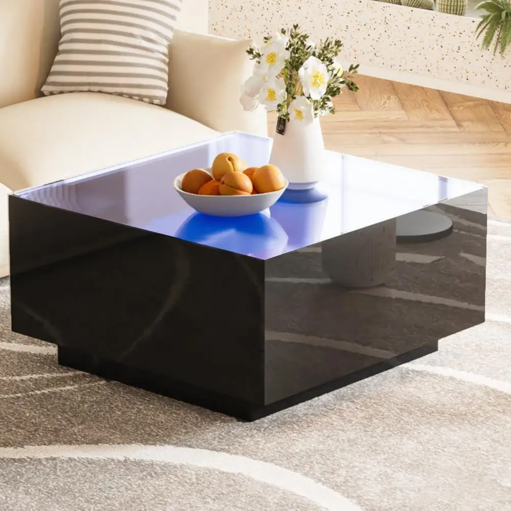 

Modern Square High Gloss Coffee Table with 16-Color LED Lights Frosted Tempered Glass Top Black 27.5in