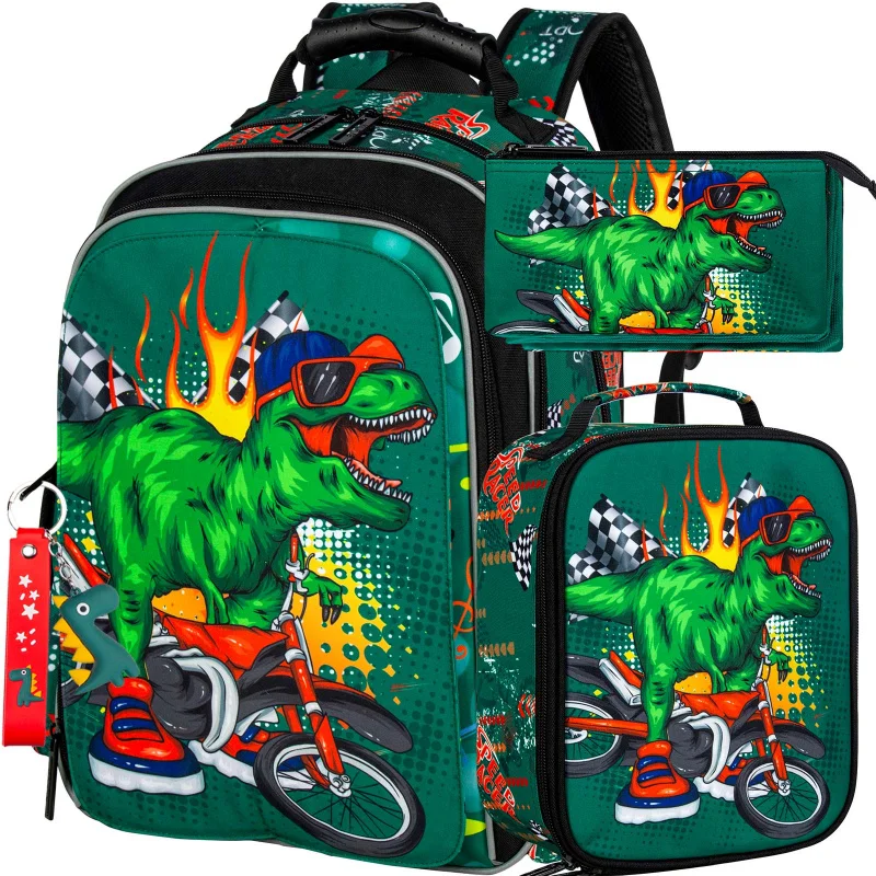 

3PCS Kids Backpack for Boys, 16" Motorcycle dinosaur Water Resistant Preschool Backpacks, Elementary Kindergarten School Bookba