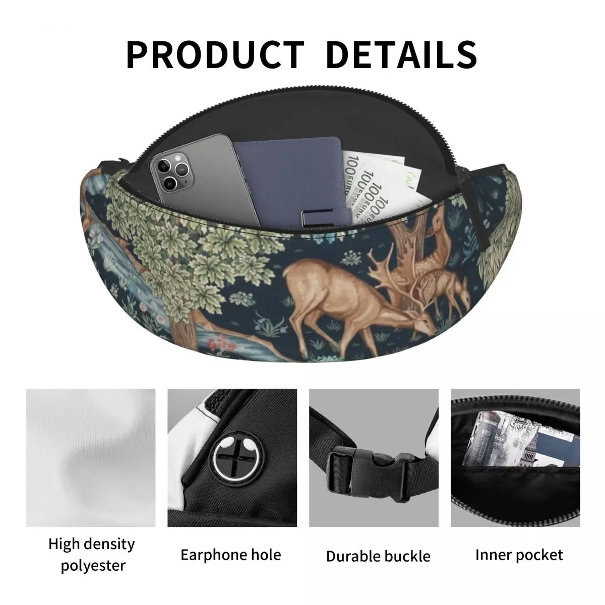 William Morris Deer Fanny Bag Custom Textile Pattern Crossbody Waist Pack Men Women Travel Hiking Phone Money Pouch