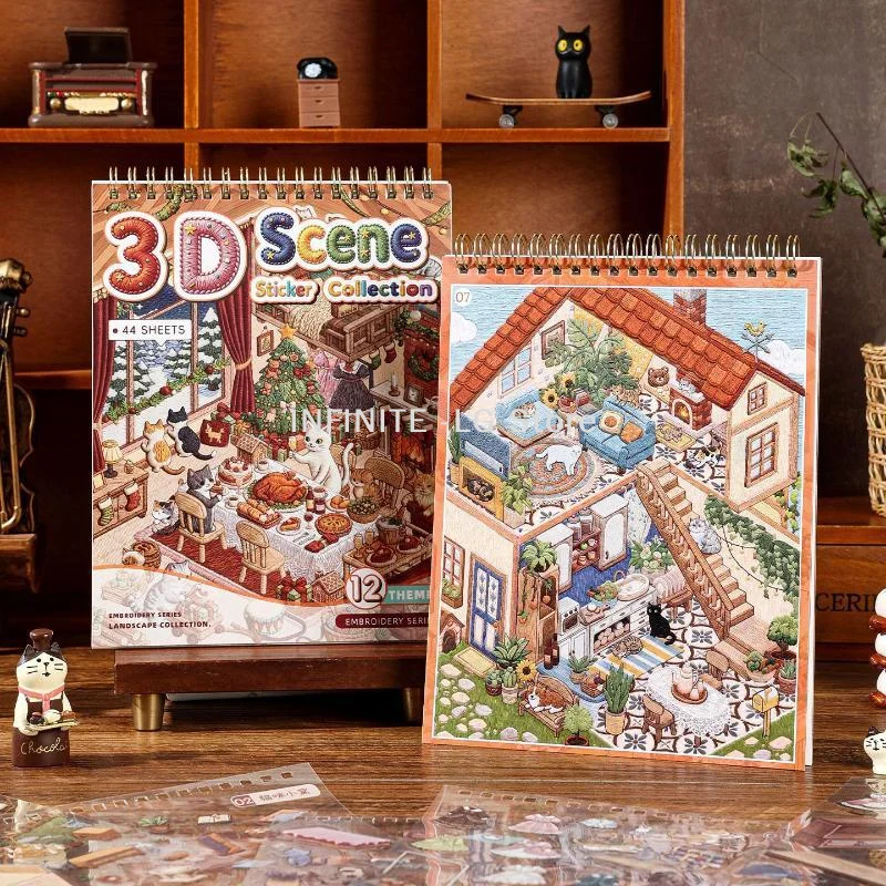 3D Scene Sticker Collection Book 44 Sheets 12 Embroidery‑Style Themes Layering Diorama Stickers DIY ScrapbookingINFINITE -LG