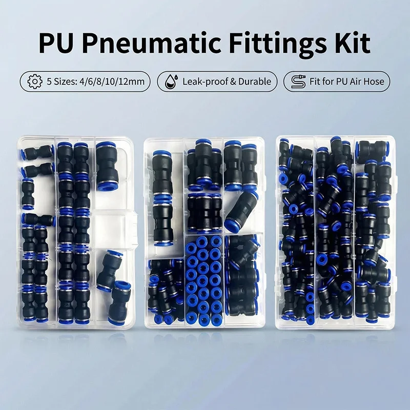 Pneumatic Push-in Straight Fittings Kit, Plastic Air Hose Connectors for 4/6/8/10/12mm Tube PU4 PU6 PU8 PU10 PU12