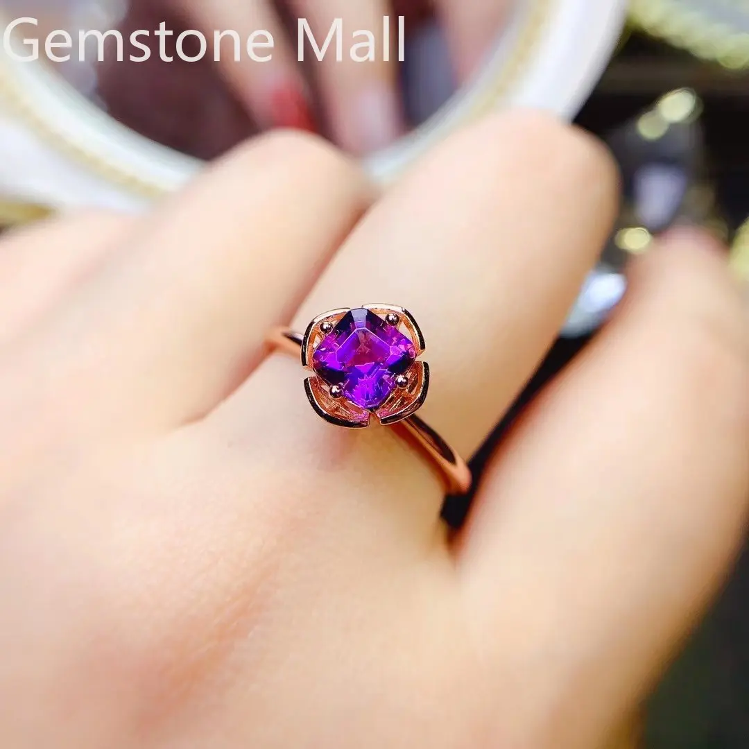 

0.8ct 6mm Natural Amethyst Ring for Office Woman 925 Silver Amethyst Jewelry with 3 Layers Gold Plating Fashion Crystal Ring