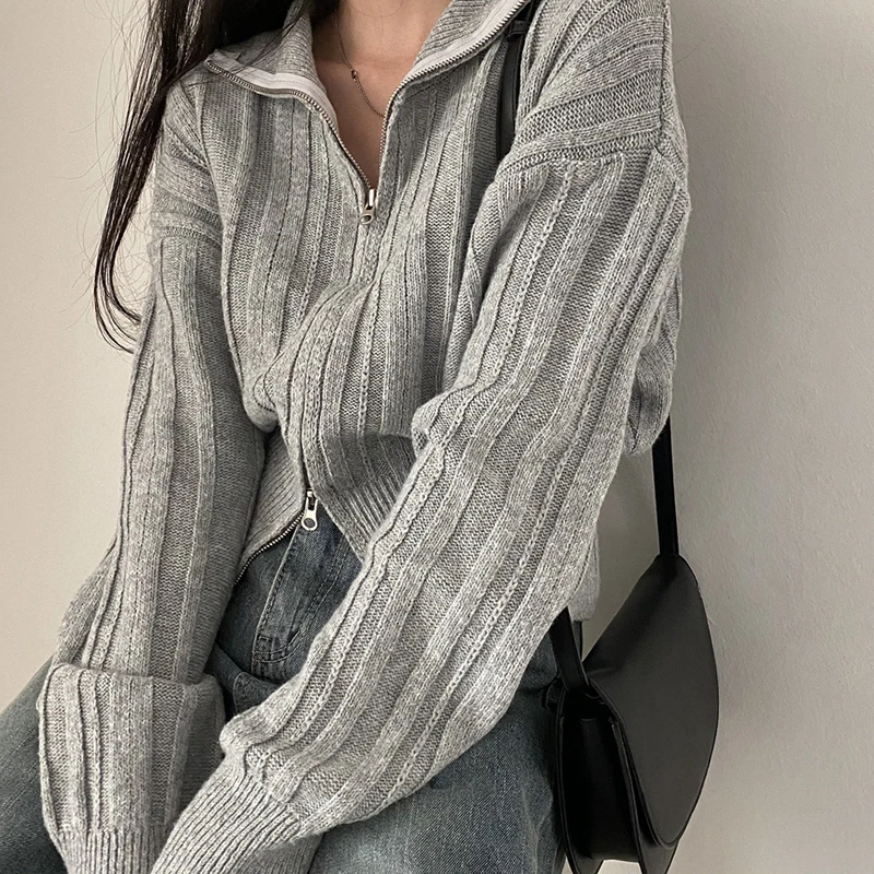 

Облегающий цветной вязаный свитер на молнии, пальто Long Sve, женское модное корейское пальто, стандартный крой, весна-осень-зима