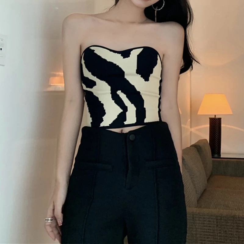 Xingqing Strapless Tube Top y2k Clothes Women Cow Striped Print Off Shoulder Sleeveless Vest 2000s Aesthetic Clothing Streetwear