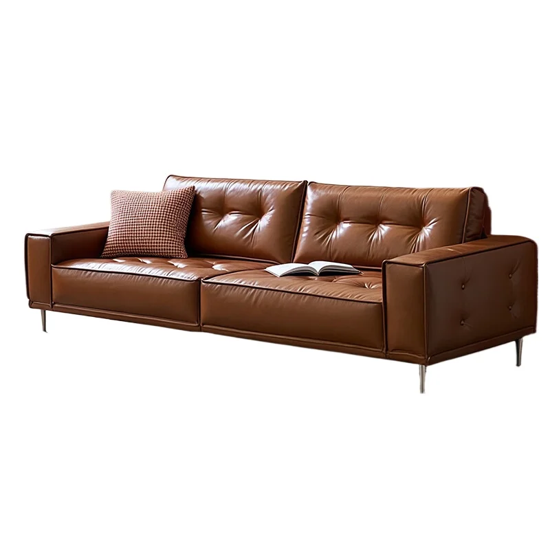 

Leather sofa, antique three-person retro high foot in the living room