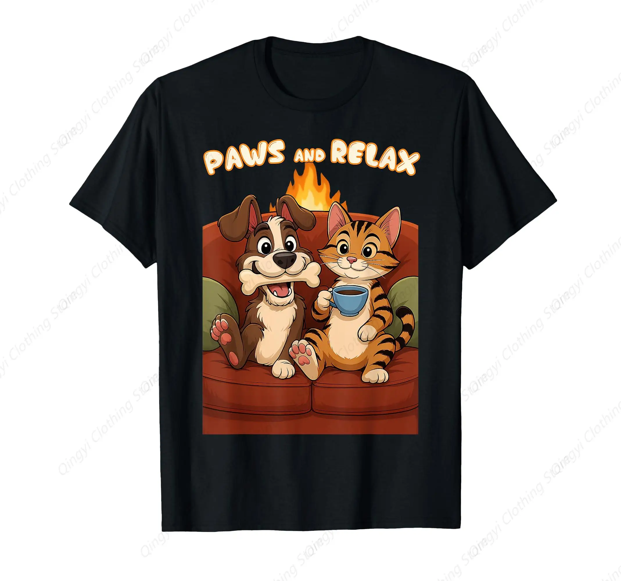 

Paws And Relax Cartoon Cat Dog Coffee Couch Scene Funny T-Shirt