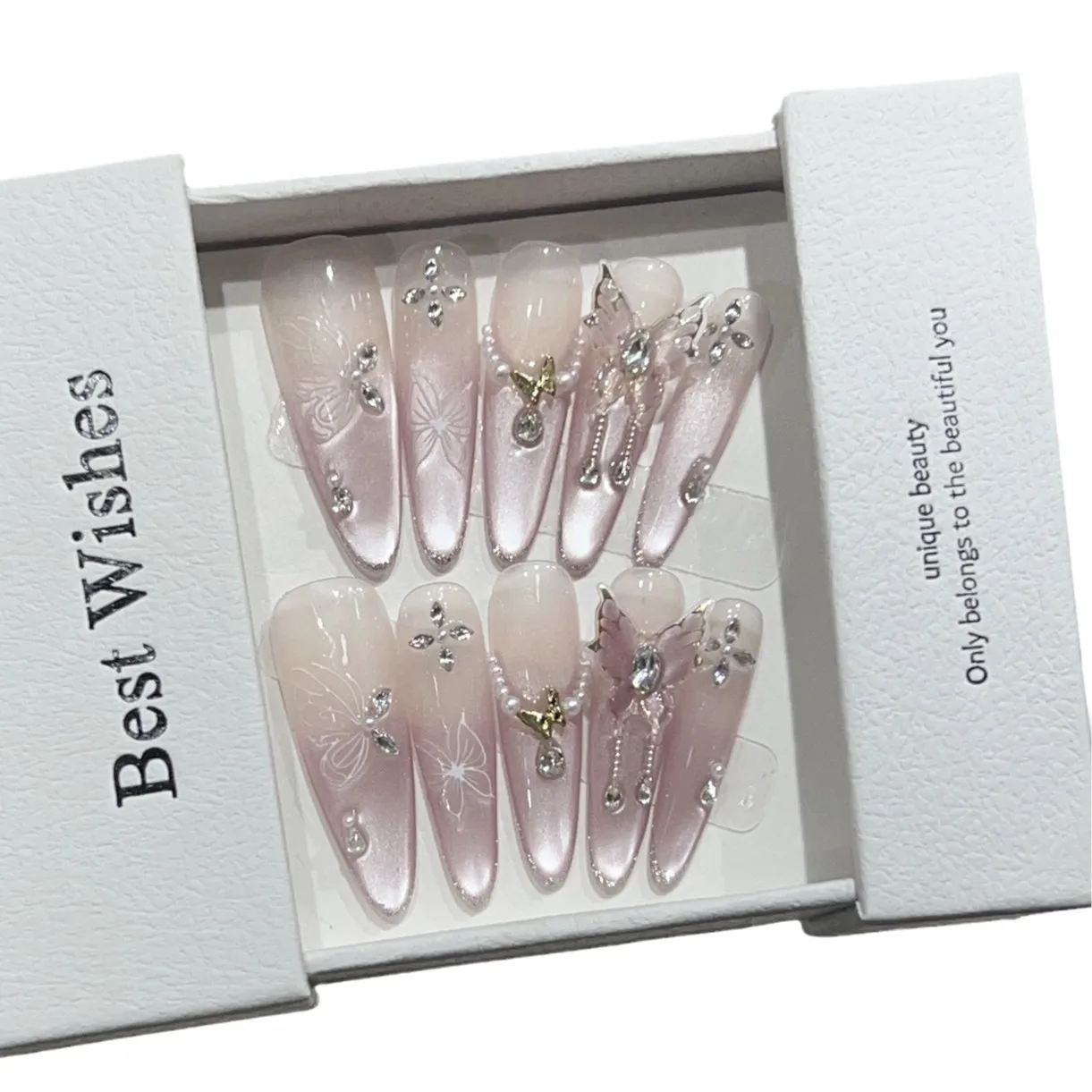 10pcs Pink Cat Eye False Nails 3D Butterfly Fake Nails Diamond Pearl Press on Nails Gradient French Glue on Nail Almond Nail Art