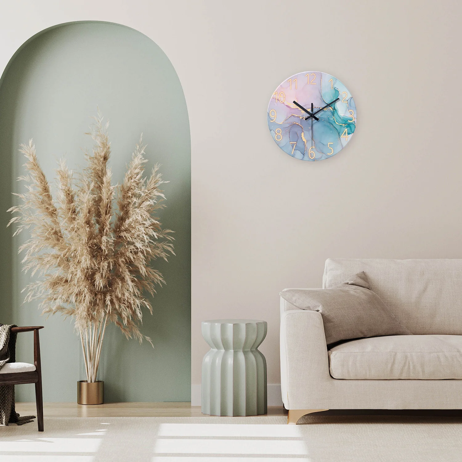 Modern Fashion Marble Texture Pattern 4mm Thickeneded Tempered Glass Wall Clock Living Room Bedroom Kitchen Home Decoration Wall Clock Silent Quartz