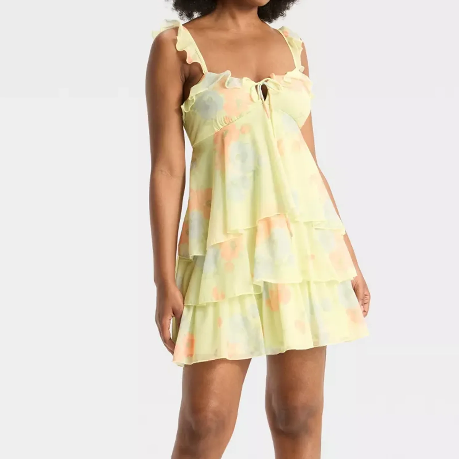 Minivestido sin mangas con estampado Floral para mujer, vestido de fiesta en capas con volantes para vacaciones en la playa, fiesta de verano, ropa de calle para uso diario