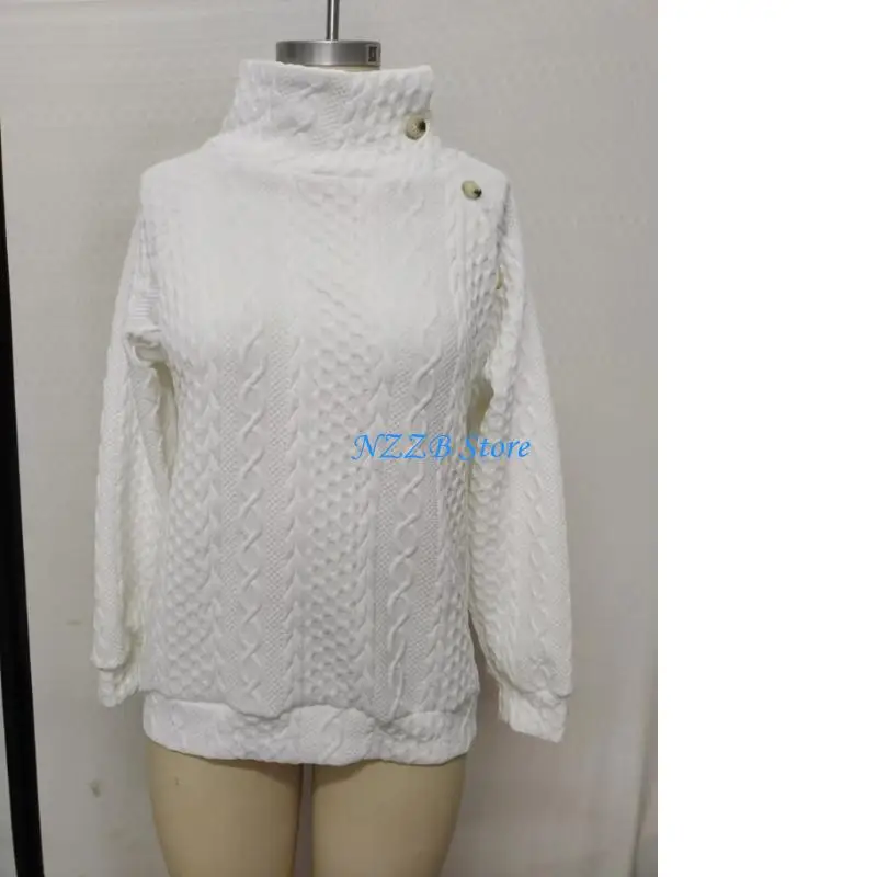 

T21F Women's Quilted Mock Neck Sweatshirts Button Detail Long Sleeve Textured Casual Loose Fashion Fall Pullover