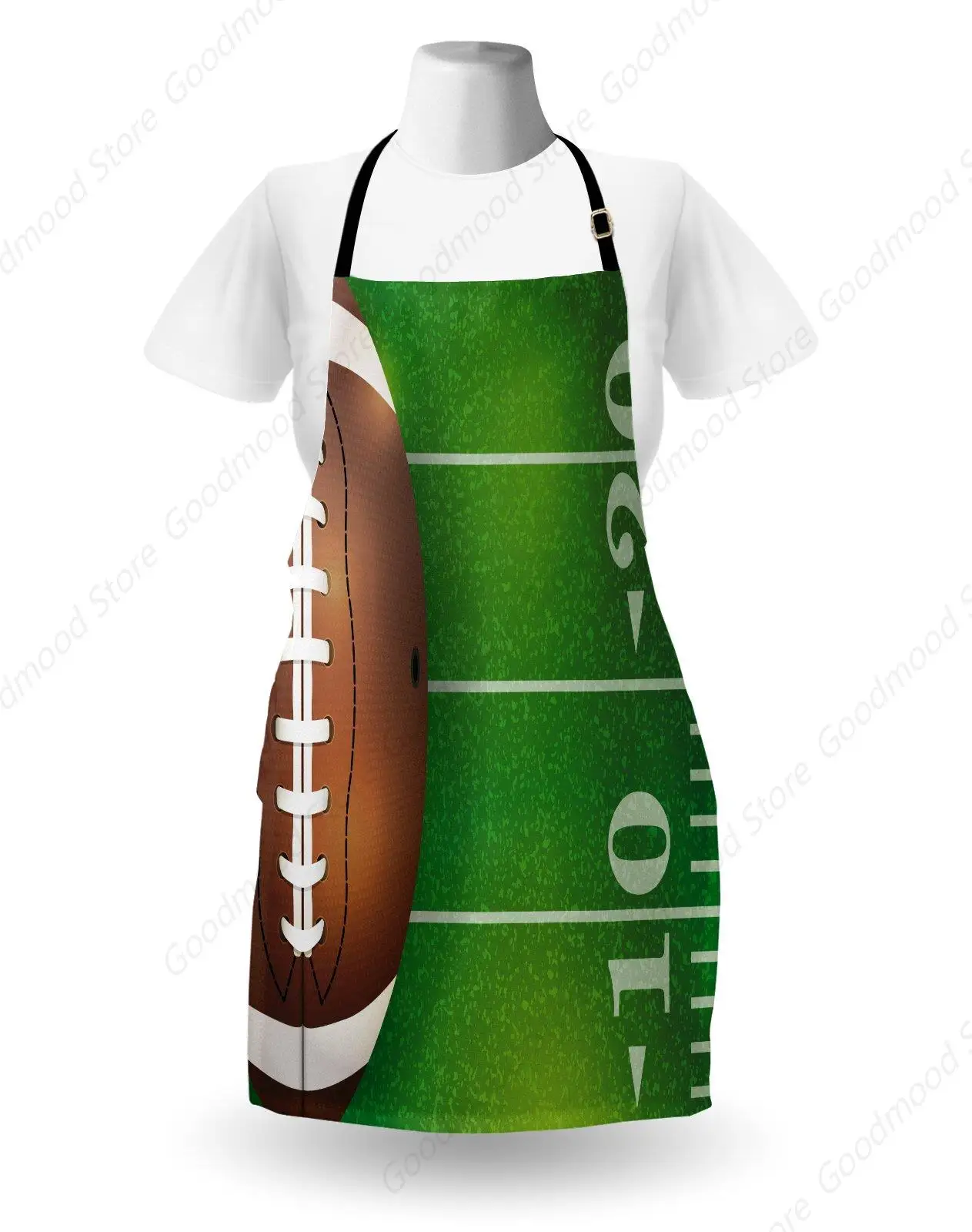 Sports Apron, American Football Field and Ball Realistic Vivid Illustration College, Unisex Kitchen Bib with Adjustable Neck