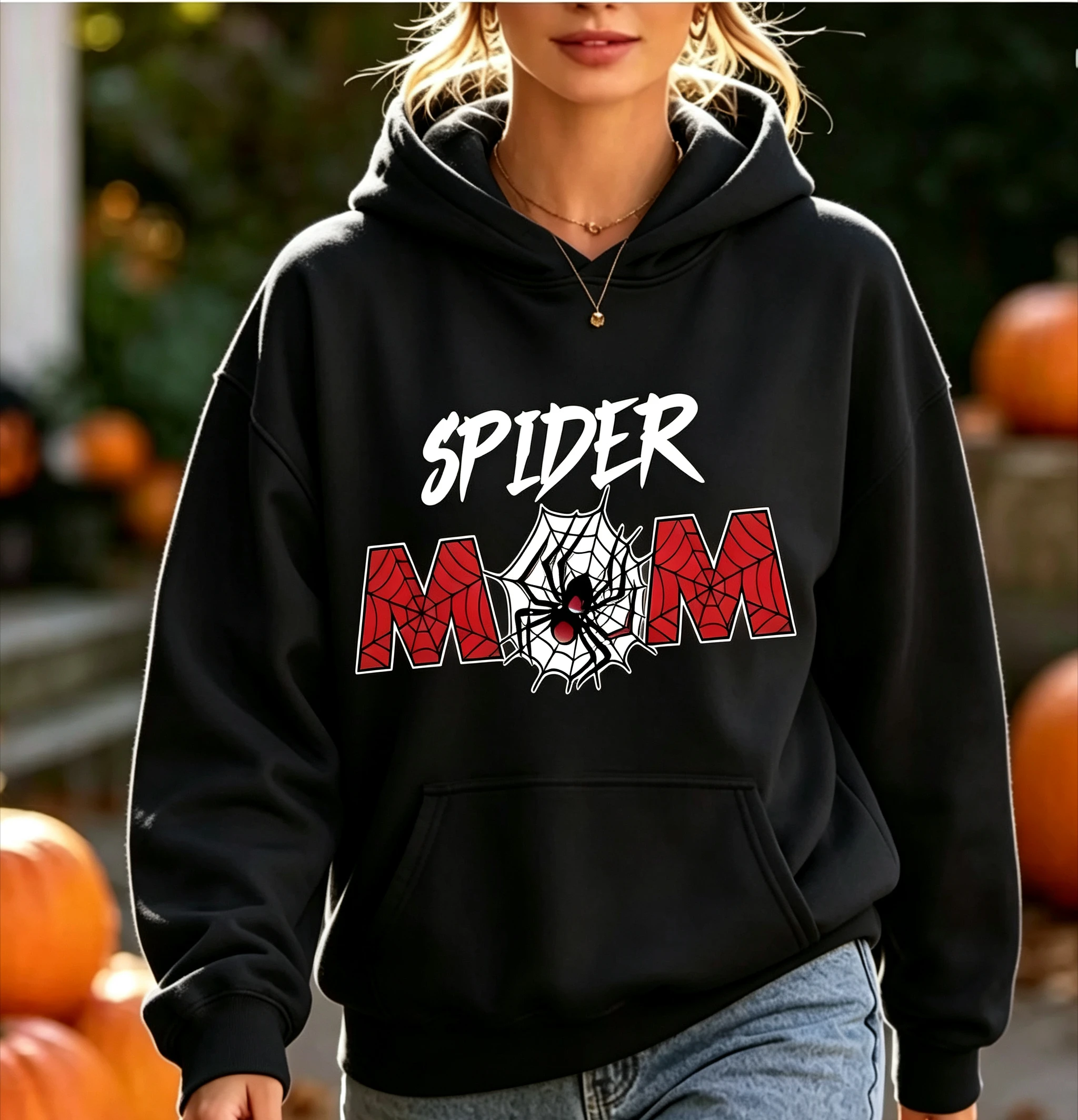 Spider Mom Spider Web Print Hoodie For Women Halloween Gift Long Sleeve Casual Pullover Hooded Sweatshirt