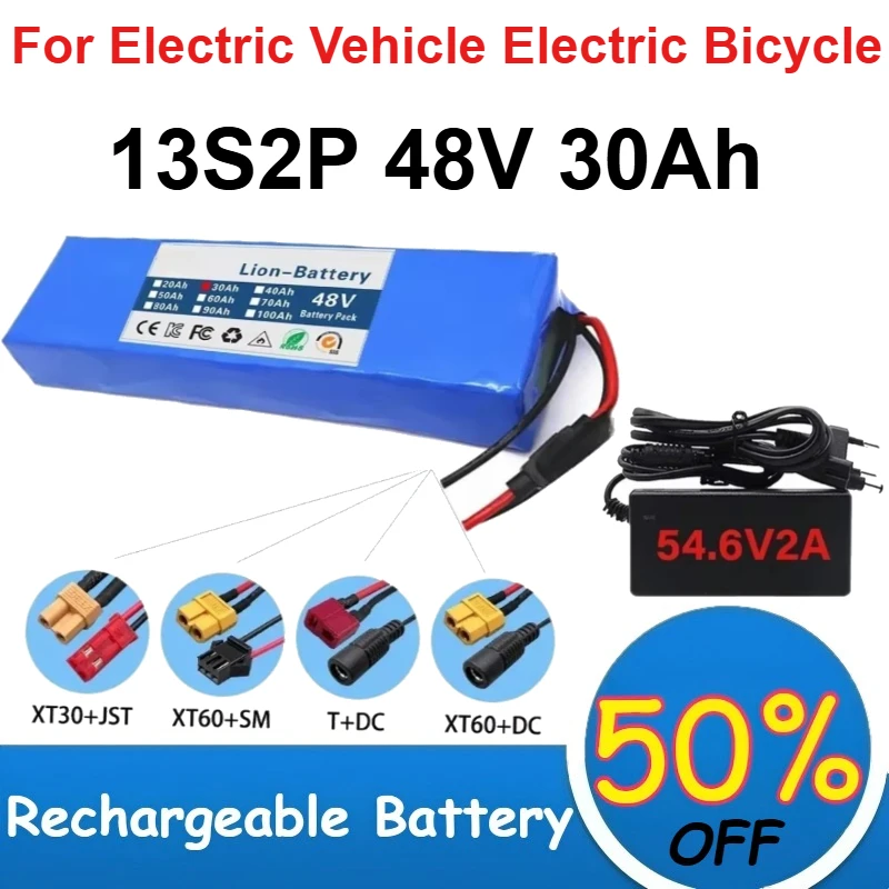

18650 13S2P 48V Lithium Battery Packs with BMS 30Ah Capacity for Electric Vehicle Electric Bicycle Batteries +54.6V 2A Charger