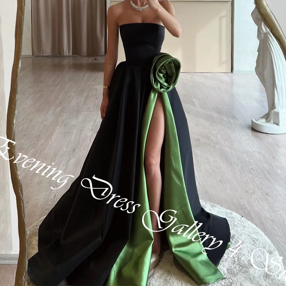 Customized Exquisite Contrast Color Strapless Floor Length Side Slit A-Line Evening Dress Classic Satin Sweep Train Gowns