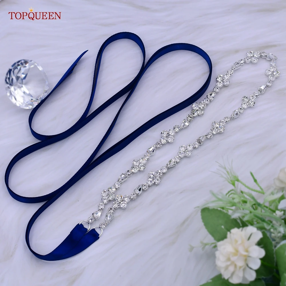 TOPQUEEN-Cinturón de novia fino S305 para mujer, faja para vestidos de fiesta con diamantes de imitación, cinta de Organza, accesorios de boda para dama de honor, faja para niña