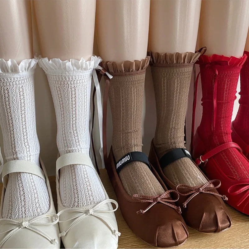 Dopamine Frill Mesh Knee High Socks Female Women's Lace Pattern Bowknot Hollow Socks Lolita Ballet Style Stacked Hosiery