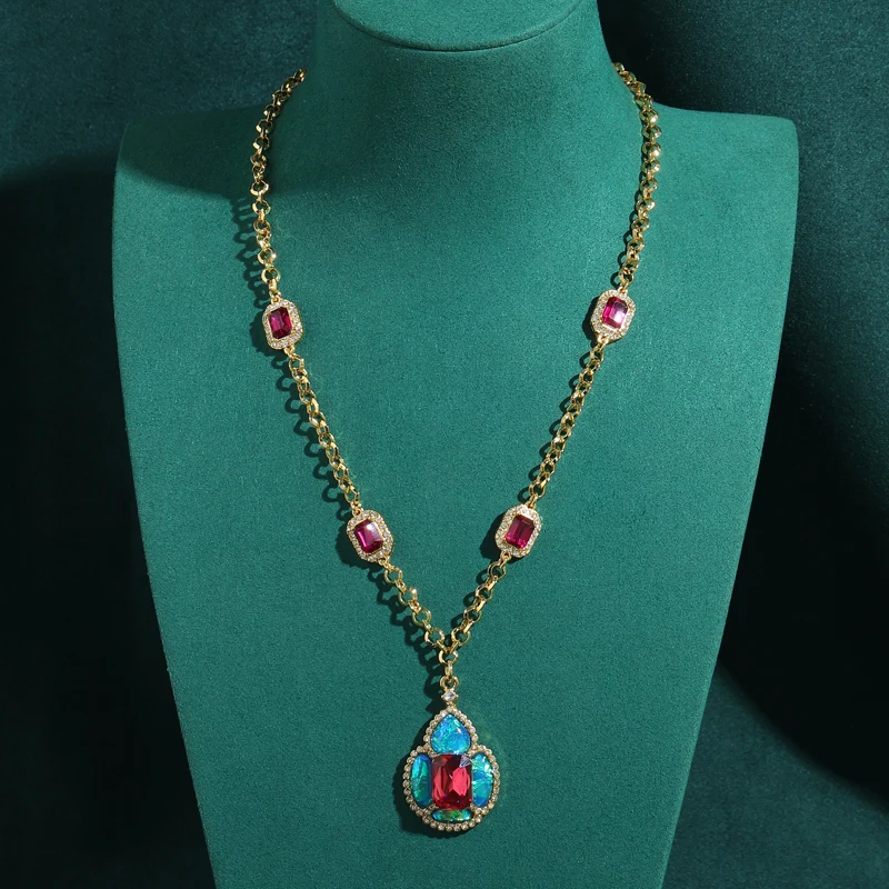 

Brand Vintage Red Crystal Opal Blue Pendant Necklace Gold Color Woman Retro 2026 Anniversary Jewelry Quality Elegant Accessories