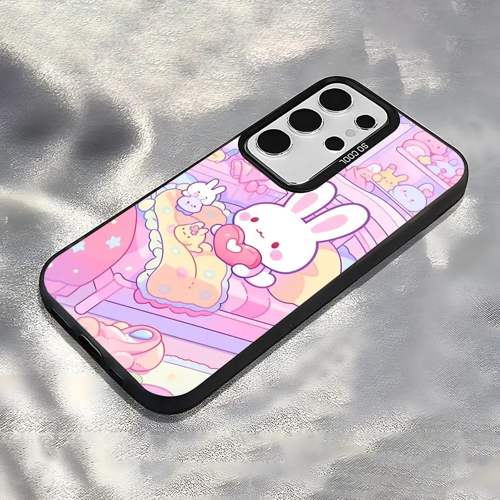 Casing Ponsel Kelinci Pink Kawaii Untuk Samsung Galaxy S25 Edge S24 S23 S22 S21 S20 Ultra Funda Silikon Penutup Perak