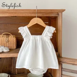 Summer New Baby Men's And Women's Baby Trends With A Solid Color Small Fresh Lace Patchwork Shoulder Top + Bag Pants 2 Sets