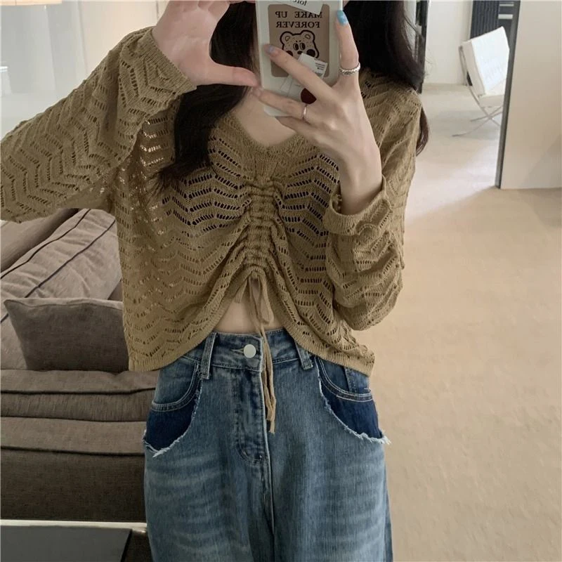 Loose Summer Pleated Hollow Out Long Sleevel Women V Neck T Shirt Fashion Casual Oversized Knitted Top 2023 New Sexy Thin Smock