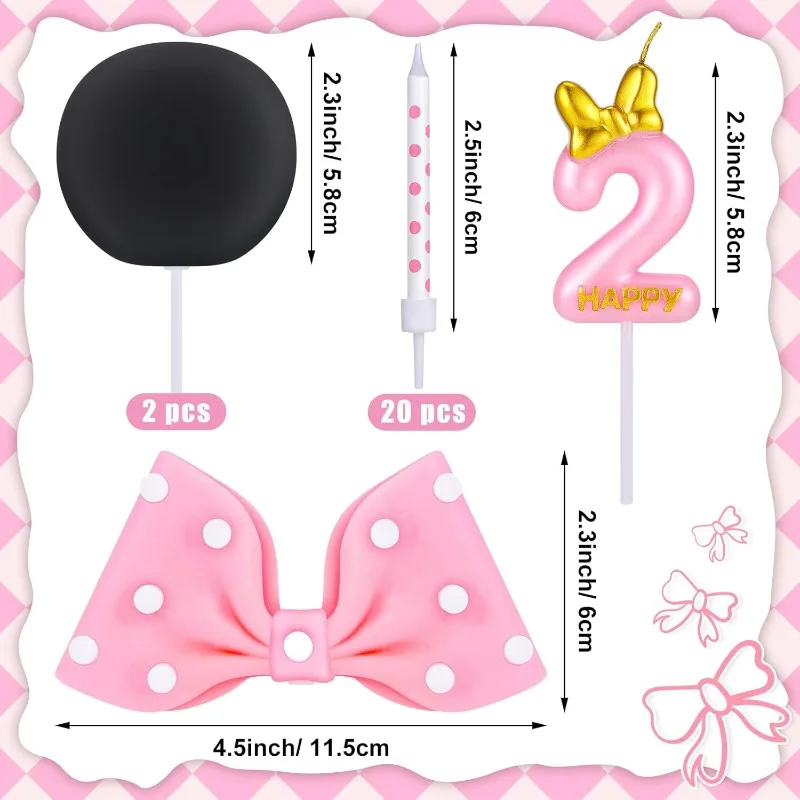 24pcs Pink Bow Cake Decoration Bow Number Candles Girls Birthday Party Decor Dot Candle Cake Toppers
