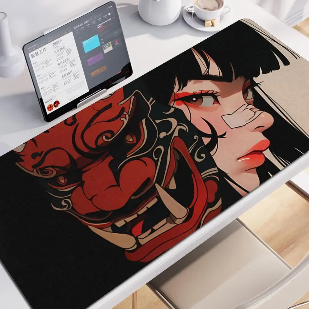 

Anime Girls Samurai Oni Mask Mousepad Large Computer Gaming Accessories 400x900mm Gamer Professional Premium Mouse Mat Desk Mats