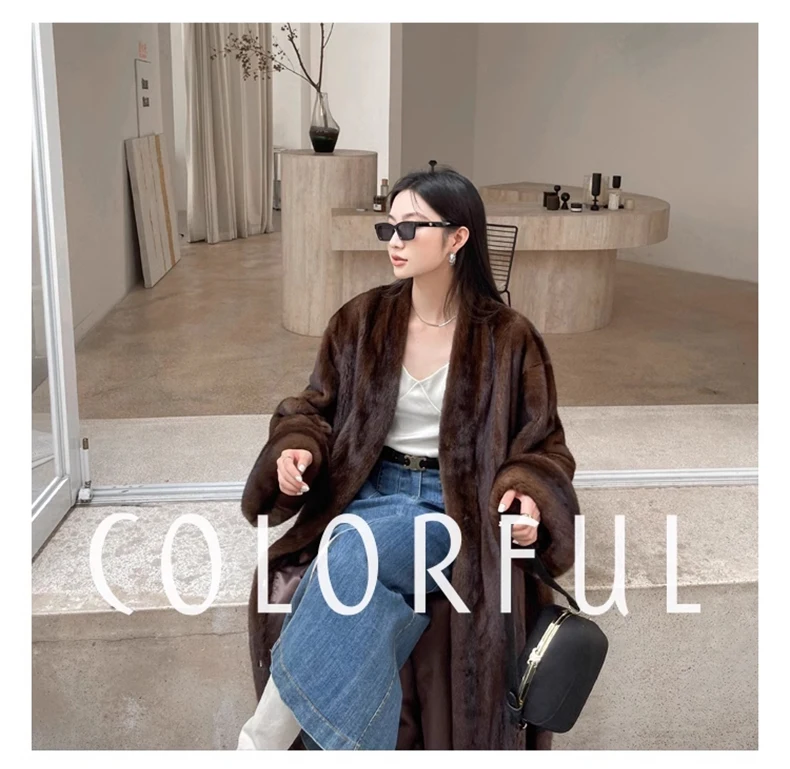 Lautaro Winter Long Vintage Elegant Luxury Chic Thick Warm Soft Brown Fluffy Faux Mink Fur Coat Women V Neck Furry Overcoat 2023