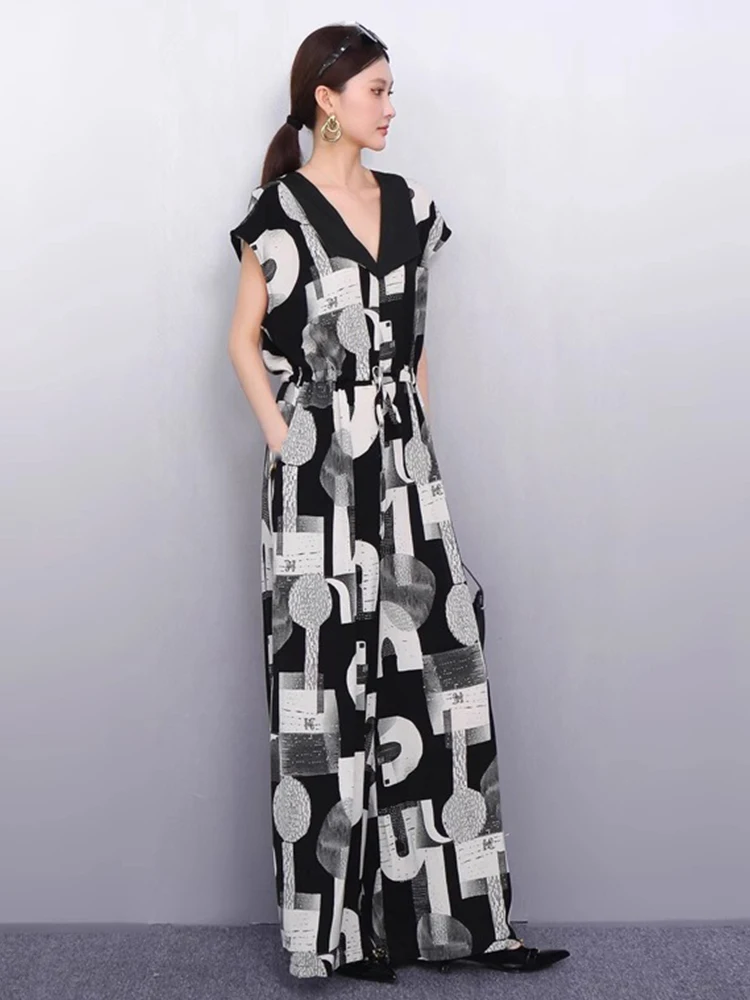 XITAO Drawstring Letter Print Jumpsuits Loose Casual Temperament Sleeveless Slimming Summer Woman Wide Leg Jumpsuits ZMY1305