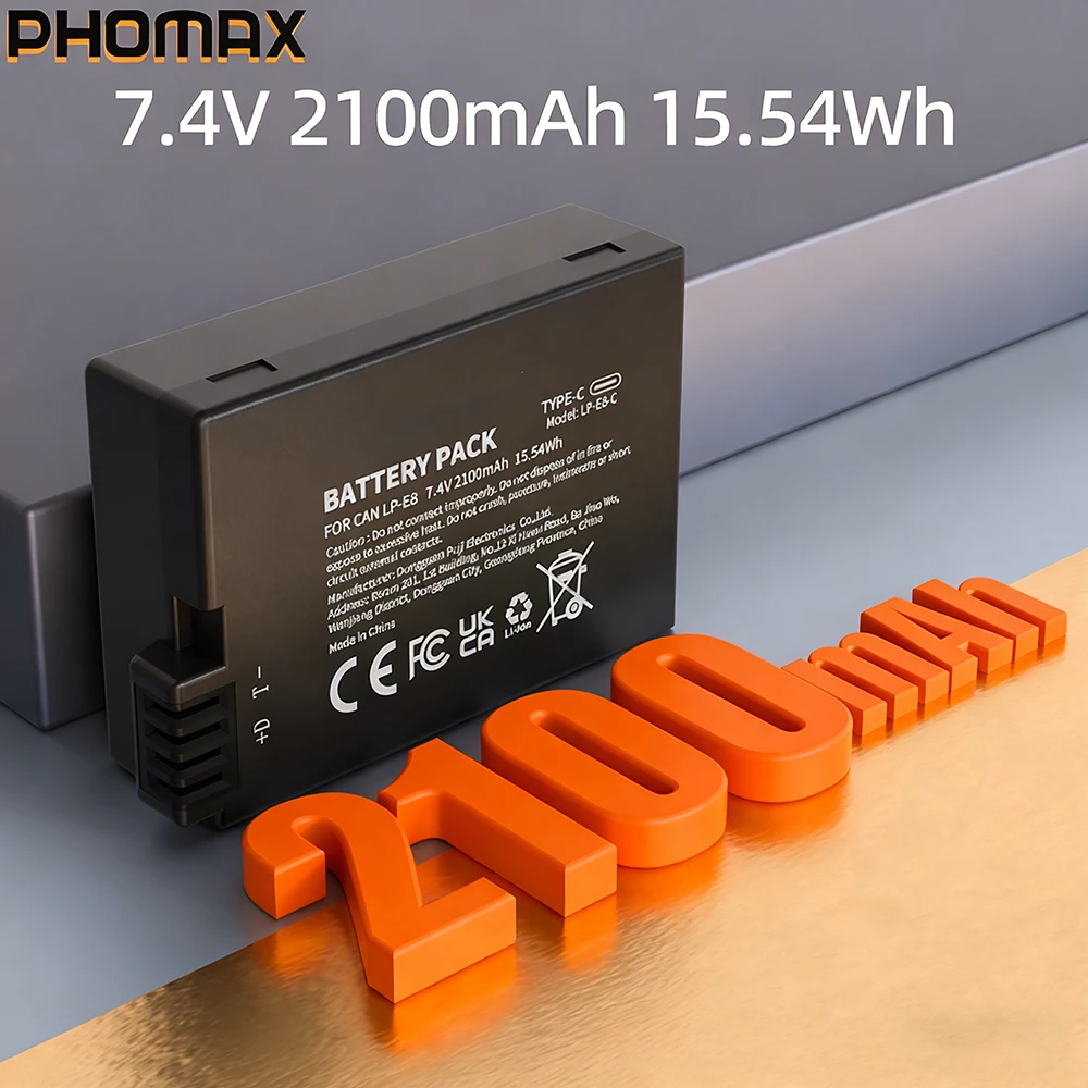 PHOMAX LP-E8 LP E8 Battery With Type-C Cable For Canon Rebel T3i T2i T4i T5i 600D 550D 650D 700D Kiss X5 X4 Kiss Digital Camera