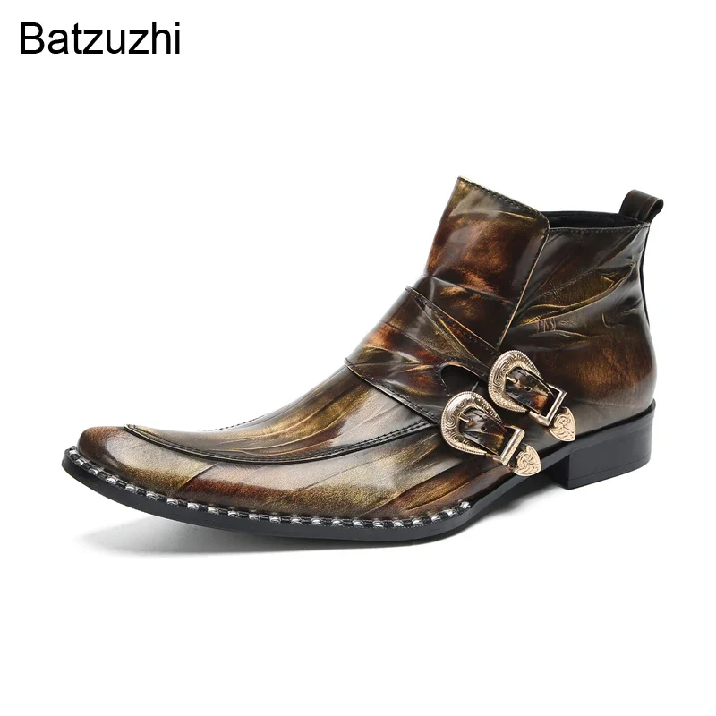 Batzuzhi Fashion Bronze Men's Boots Buckles Zip Formal Genuine Leather Ankle Boots Men Party, Wedding Botas Male, Sizes 38-46!