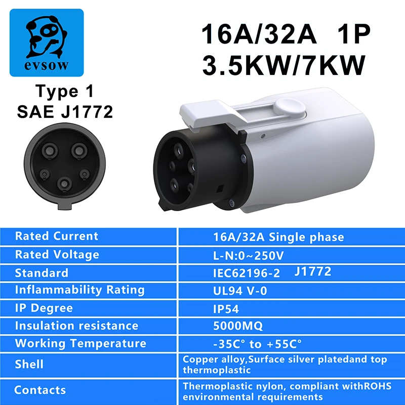 evsow EV Charger Adapter Type2 To Type1 Adapter IEC62196 To SAE-J1772 EV Charger Converter 32A 1Phase 7.2kw Max For Electric Car