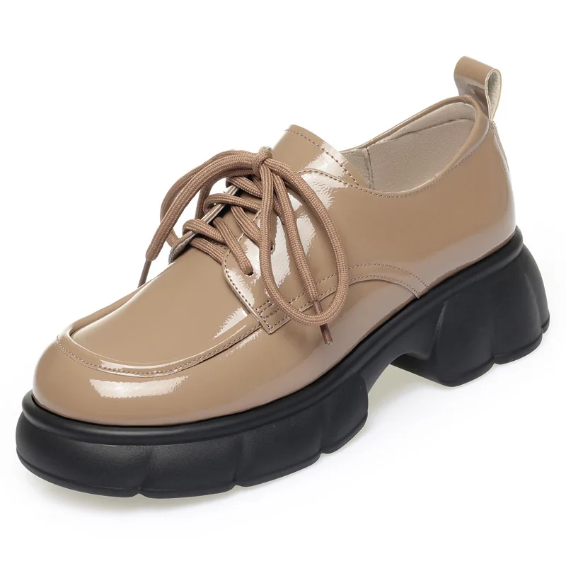 5 سنتيمتر الرجعية الفم العميق مريحة أنيقة أحذية نسائية منصة مسطحة 2025 الخريف مشرق أحذية من الجلد عادية لمكتب أمي العمل