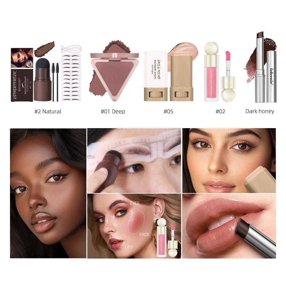 Ensemble de maquillage pour débutant, bâton de rouge à lèvres hydratant au miel, fond de teint, baume, sérum, liquide léger, Blush, Kit de poudre de Bronze mat