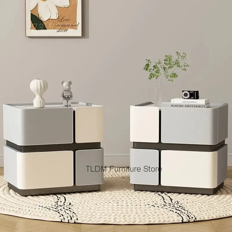 Modern Patchwork Leather Nightstand Stitched Soft Surface Storage Side Cabinet For Bedroom Sofa Home Decor