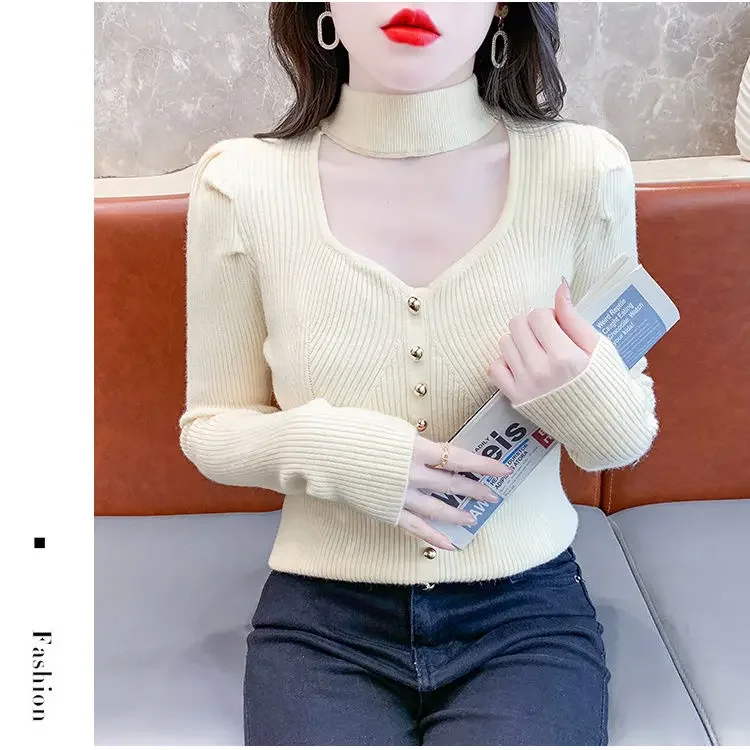 French Style Hanging Neck with Hollow Out Inner Lining Knitted New Versatile Slim Fit Small Fragrant Style Sweater for Women
