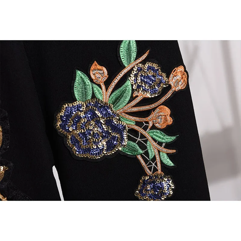 

Весенний вязаный спортивный костюм с блестками и цветами, женский комплект, свободный черный вязаный пуловер Gary, свитер, брюки-карандаш, женская одежда из двух предметов