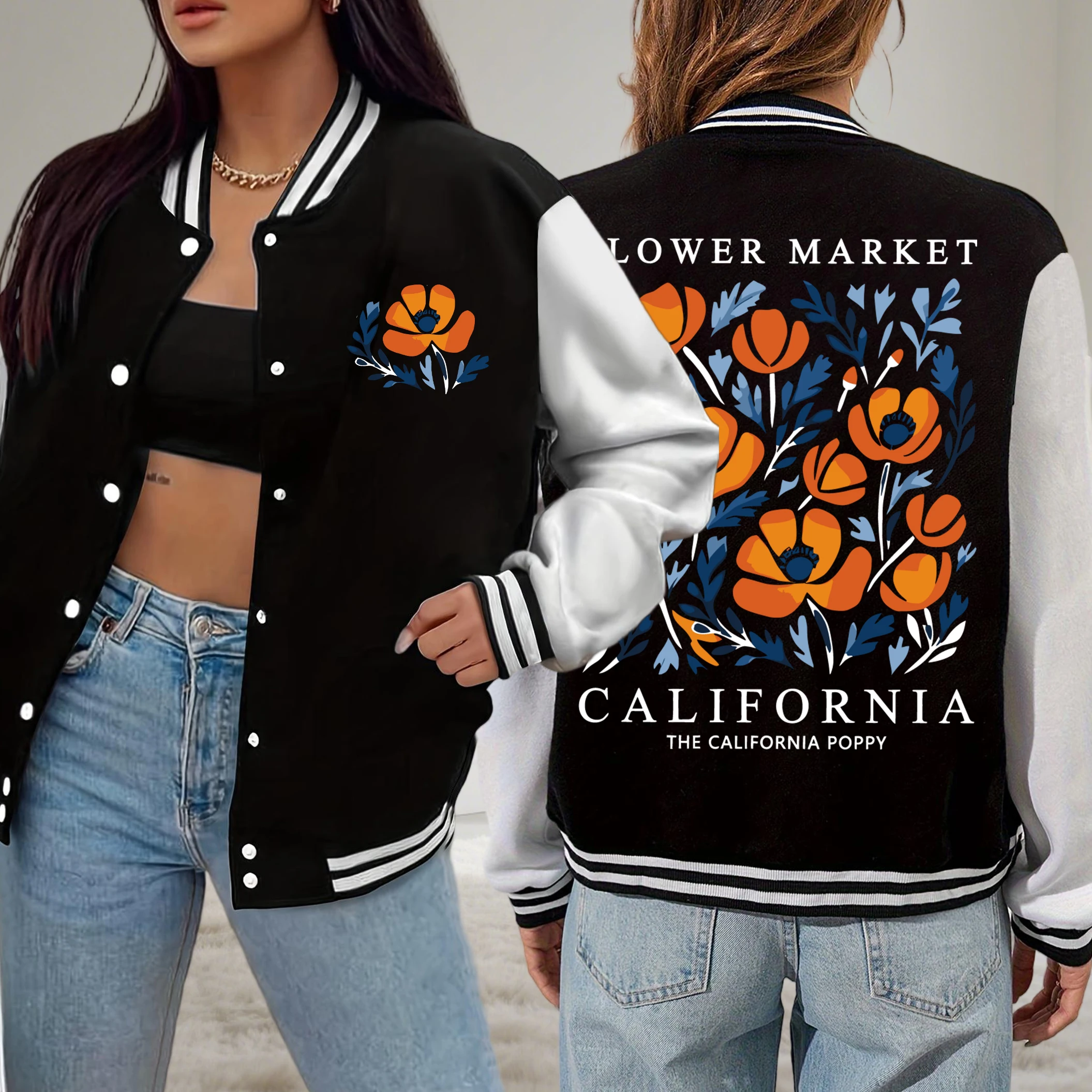 

Yellow Flowers Market California Print Women Jacket Loose Y2K Baseball Uniform Autumn Fleece Streetwear Button Hip Hop Clothes