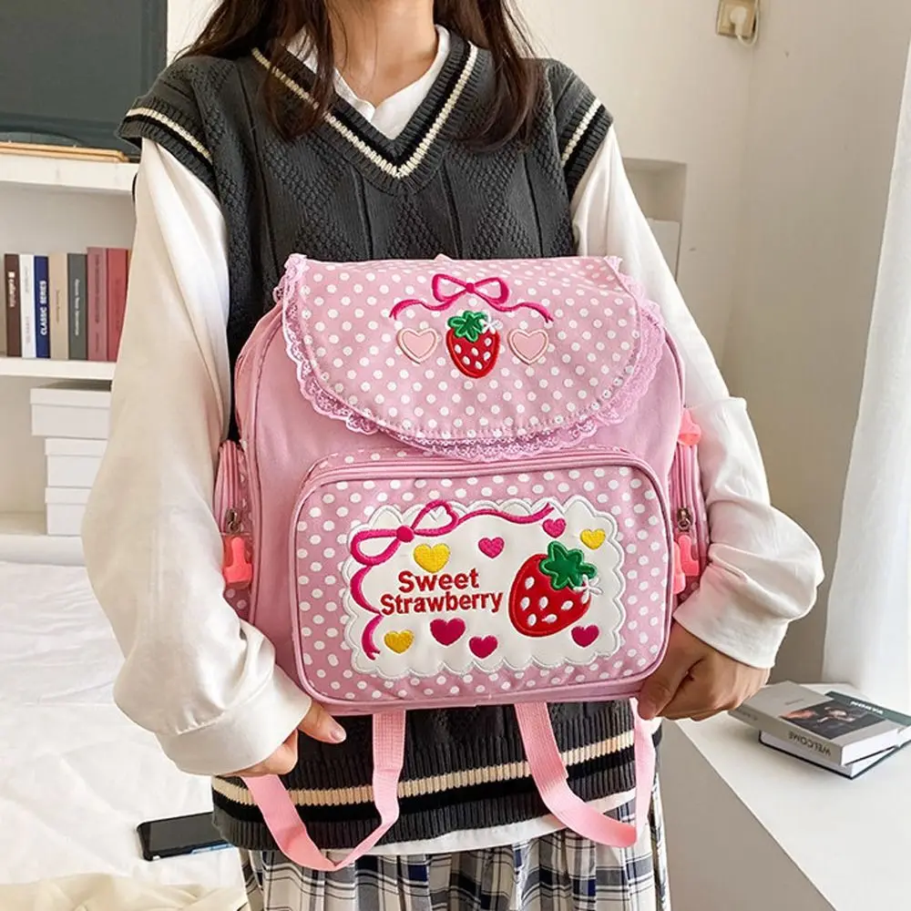 Ransel Bordir Stroberi Tas Sekolah Mochila Dots Multi-saku Gadis Ransel Buah Kasual Mahasiswa Ransel Remaja College