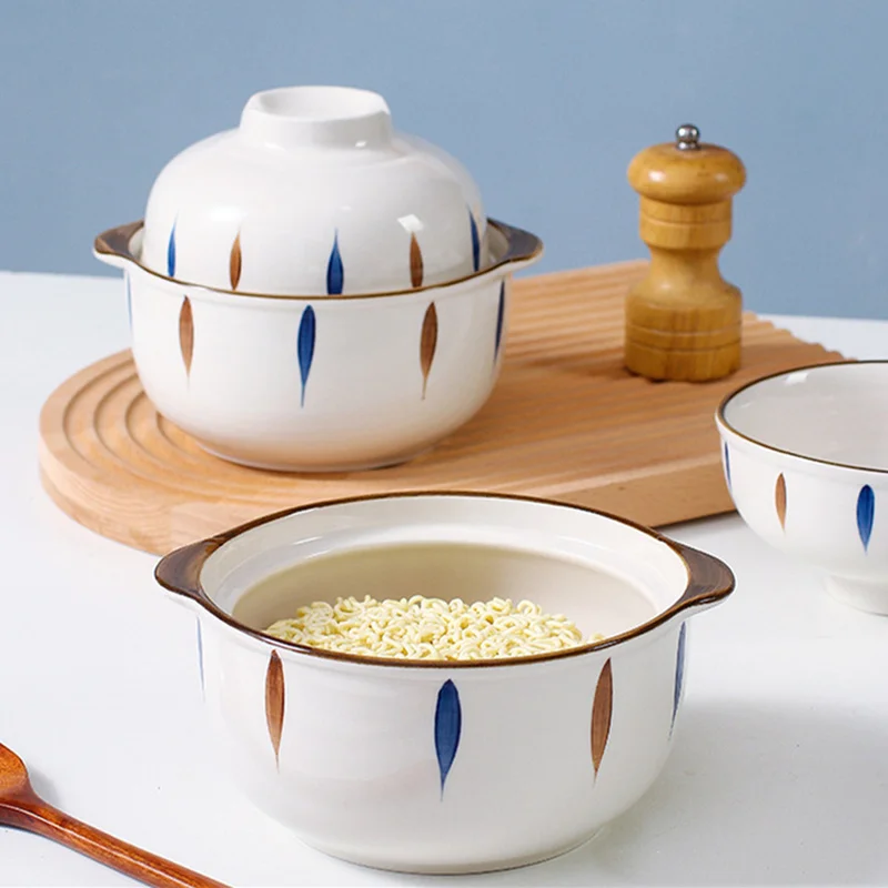 Porcelain Cover Bowl Multifunction Korean Ceramic Snack Instant Noodle Bowl Covered Binaural Tableware Home Kitchen Supplies