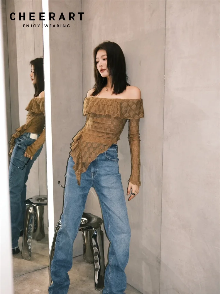 

CHEERART Off The Shoulder Brown Knit Top Long Sleeve Blouse Women Designer Crop Asymmetrical Top Fashion Clothing