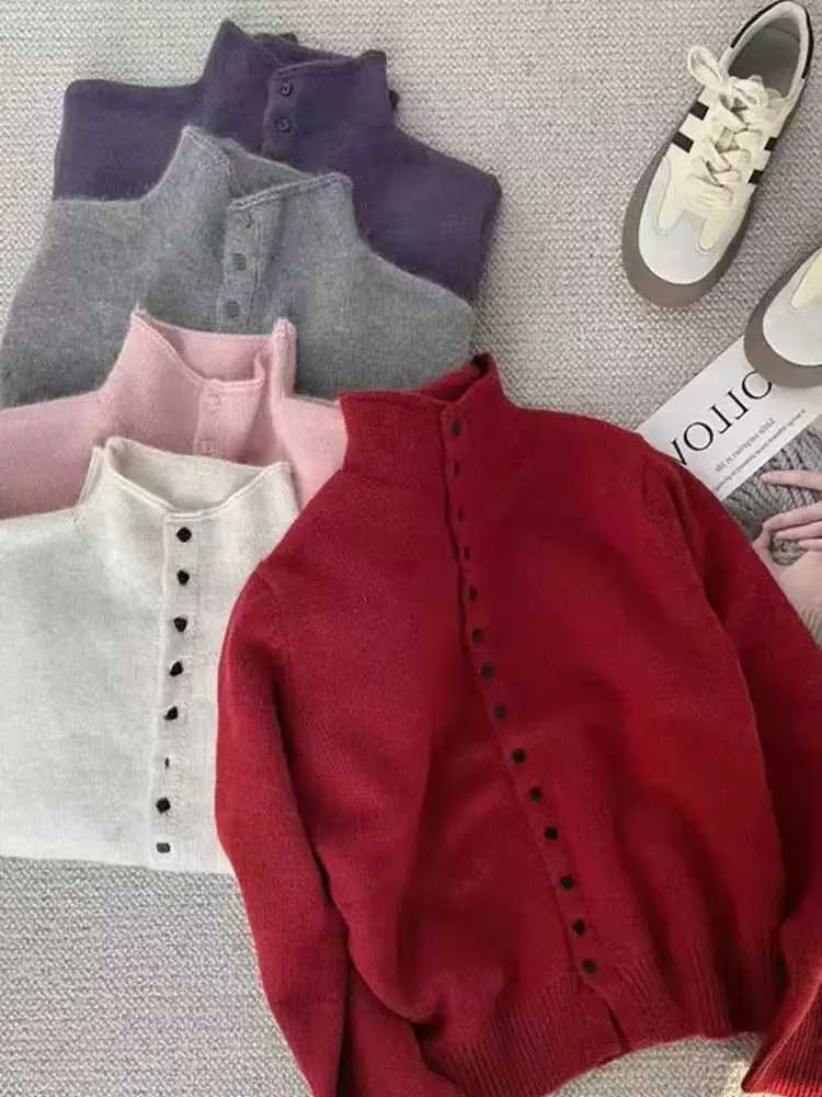 2025 Autumn/Winter 100% Wool Knit Cardigan Sweater Women Half-turtleneck Coat Female Long Sleeve Tops Korean Fashion New Jacket